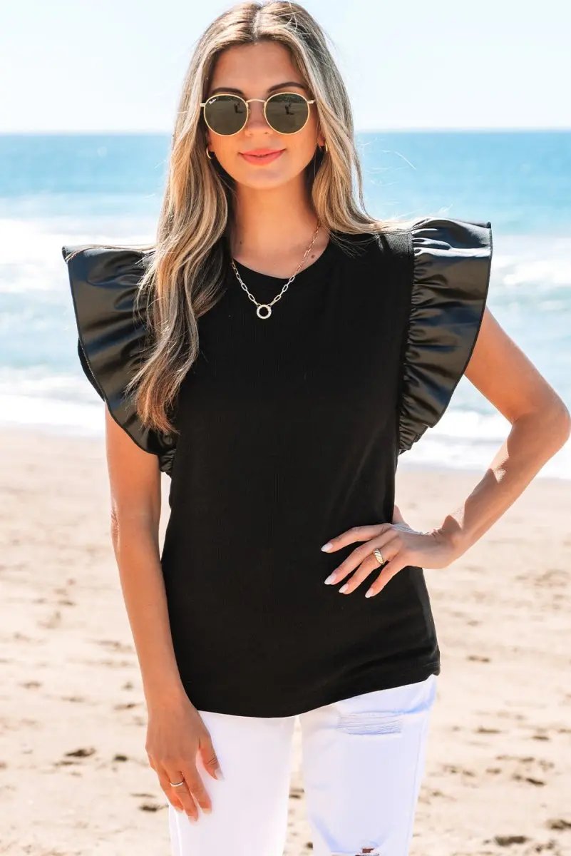 Black Leather Ruffle Sleeve Patchwork Round Neck Blouse - Love Salve
